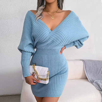 Women Ribbed V-Neck Sweater Mini Dress | Jaylene