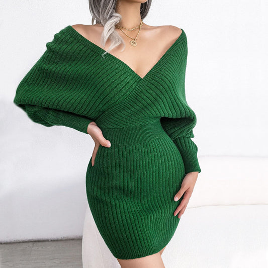 Women Ribbed V-Neck Sweater Mini Dress | Jaylene