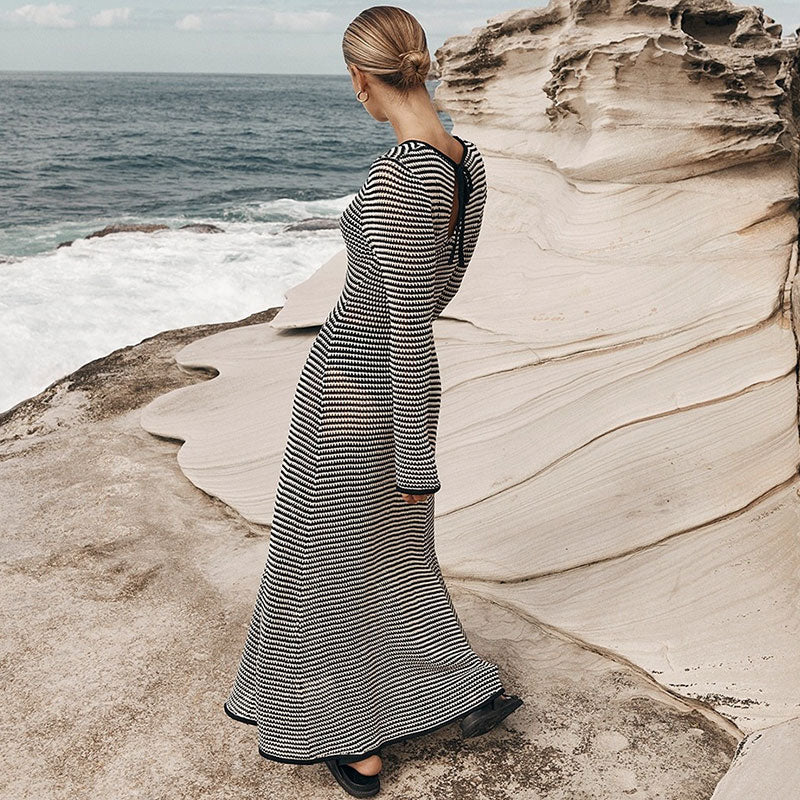 Women Striped Crochet Knit Fishtail Maxi Dress | Avenia