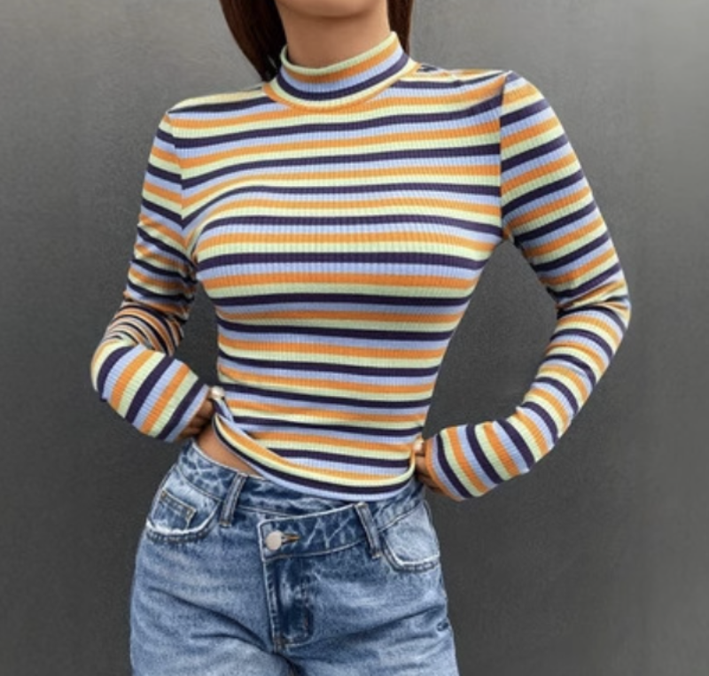 Women Striped Turtleneck Long-Sleeve Top | Elfreda