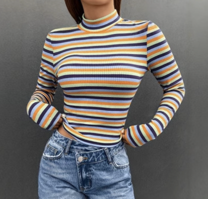 Women Striped Turtleneck Long-Sleeve Top | Elfreda