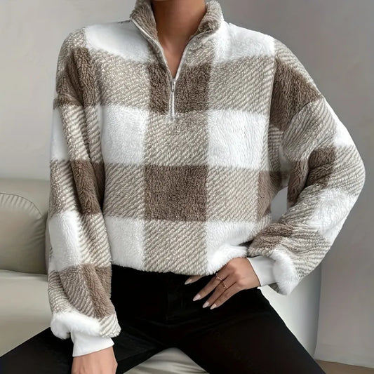 Women Plaid Fleece Quarter-Zip Sweater | Cassidyra