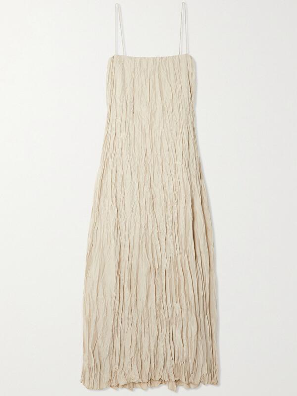 Women Maxi Dress Neutral Crinkled Fabric | Elegant Charm-3