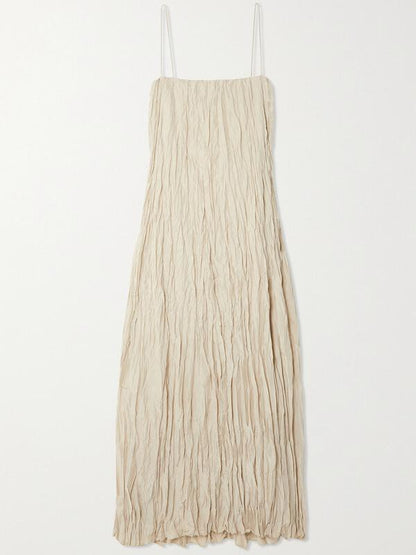 Women Maxi Dress Neutral Crinkled Fabric | Elegant Charm-3