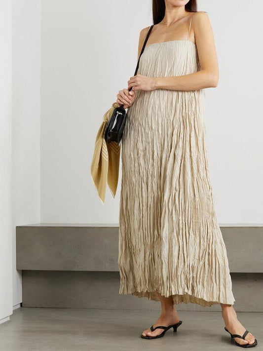 Women Maxi Dress Neutral Crinkled Fabric | Elegant Charm-1