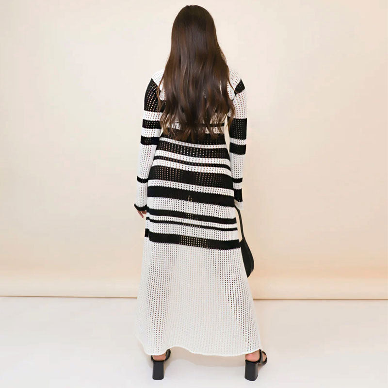 Women Striped Crochet Bell Sleeve Maxi Dress | Elowyn