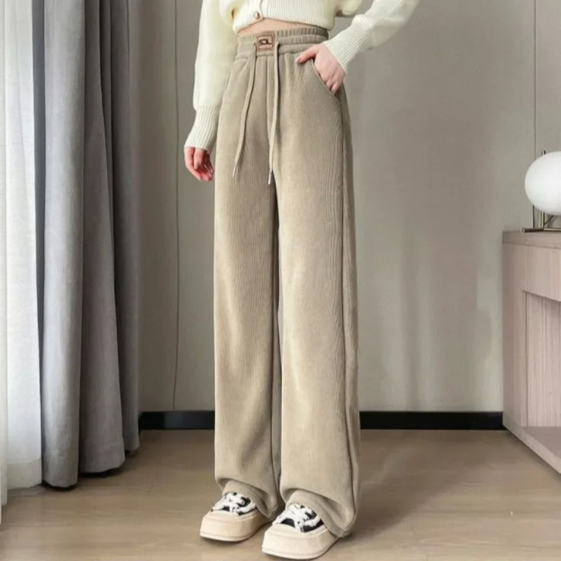 Women Straight Corduroy Pants Black Fleece Lining | Alice-3