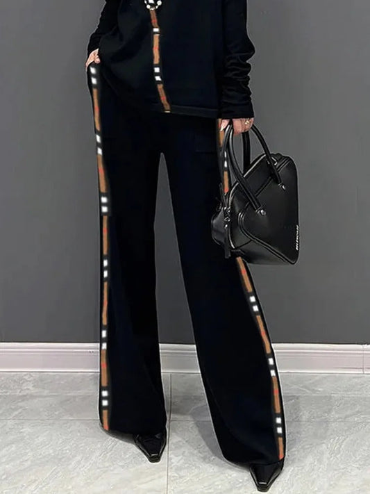 Women Wide Leg Pants Black Striped Elastic | Eleanor-1