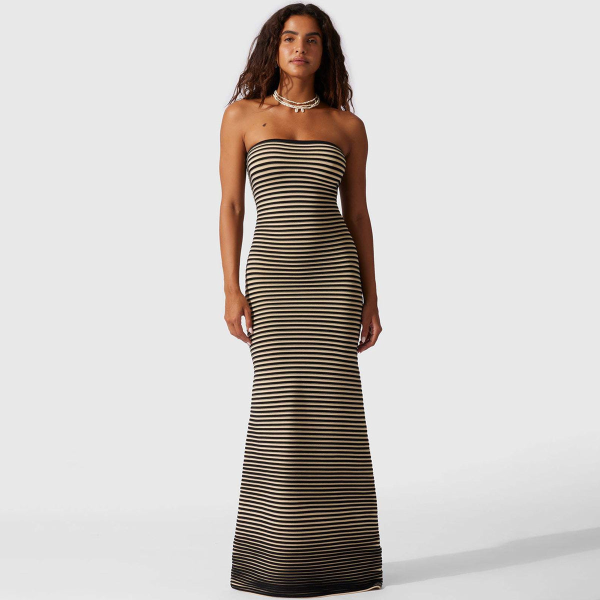 Women Strapless Stripe Knit Maxi Dress | Gracina