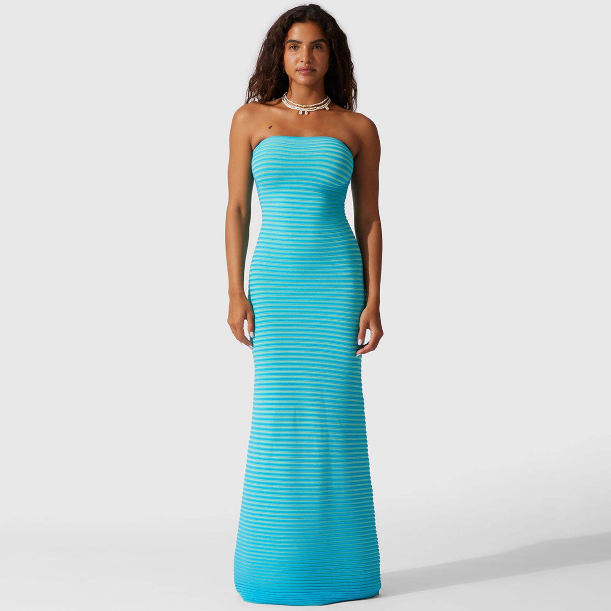 Women Strapless Stripe Knit Maxi Dress | Gracina