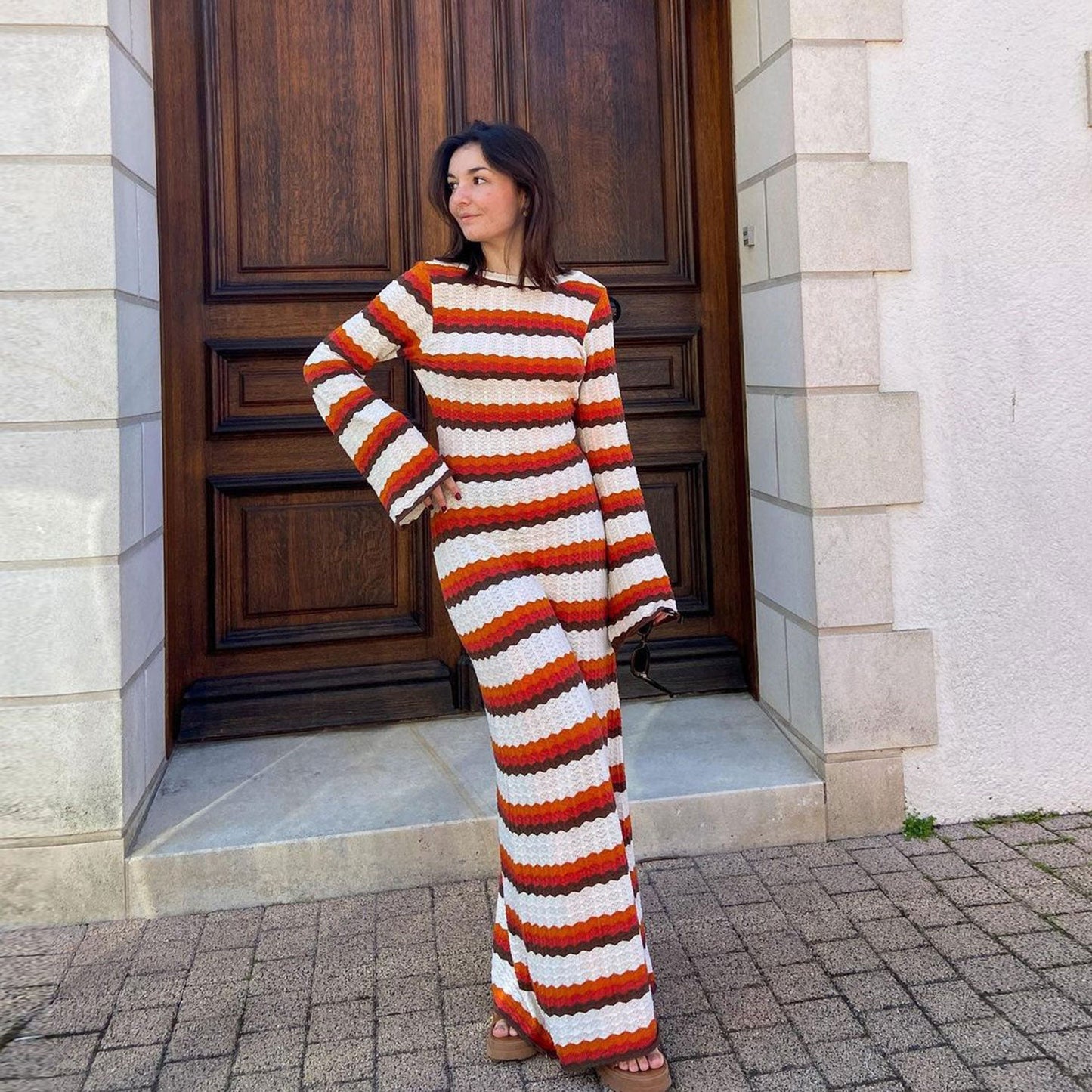 Women Striped Crochet Knit Maxi Dress | Belinda