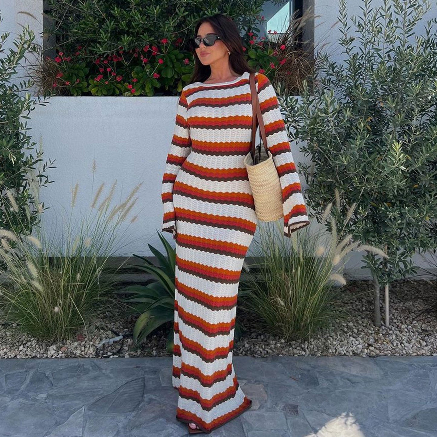 Women Striped Crochet Knit Maxi Dress | Belinda